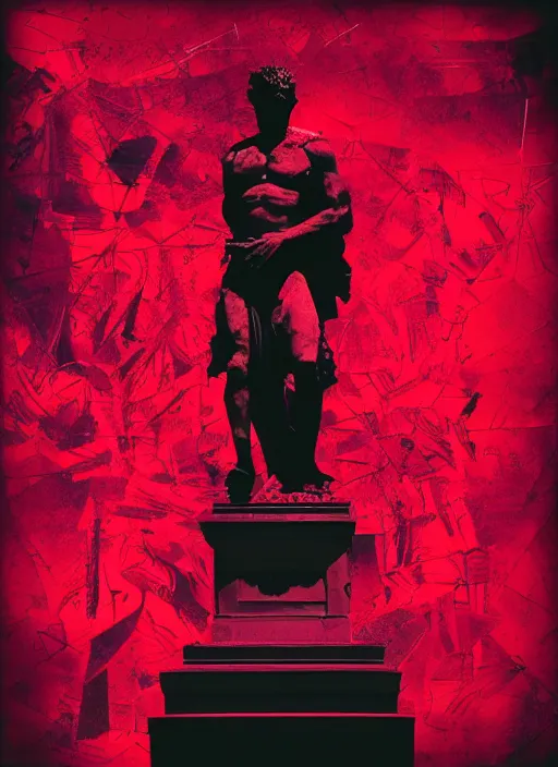 Image similar to black background with very subtle red and purple design elements, statue of julius caesar, powerful, nekro, graphic design, collage art, thin lines, dark, glitch art, neo vaporwave, gritty, layout frame, square, trending on artstation