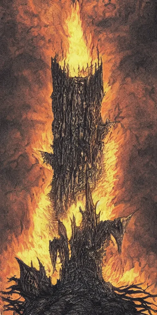 Prompt: a dark tower on fire upon a hill surrounded by a dark forest , high fantasy, drawn by Kentaro Miura, Tarot card, tarot card the tower