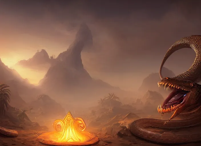 Prompt: giant serpent snake with mouth open in the desert, amazing masterclass portrait of the, hearthstone splash art, deiv calviz, splash art, natural light, elegant, intricate, fantasy, atmospheric lighting, by greg rutkowski, hearthstone splash art, hd wallpaper, ultra high details, cinematic composition, professional master piece made in one year