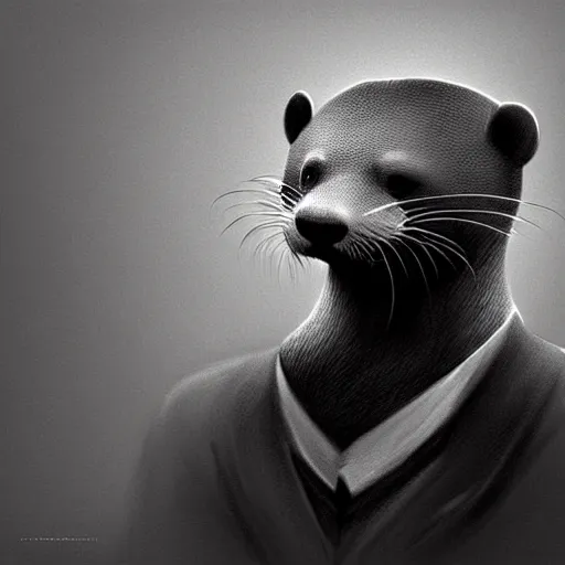 Prompt: anthropomorphic masculine otter in costume, juanjo guarnid, by wlop, concept art, highly detailed, stylistic, noir, b & w