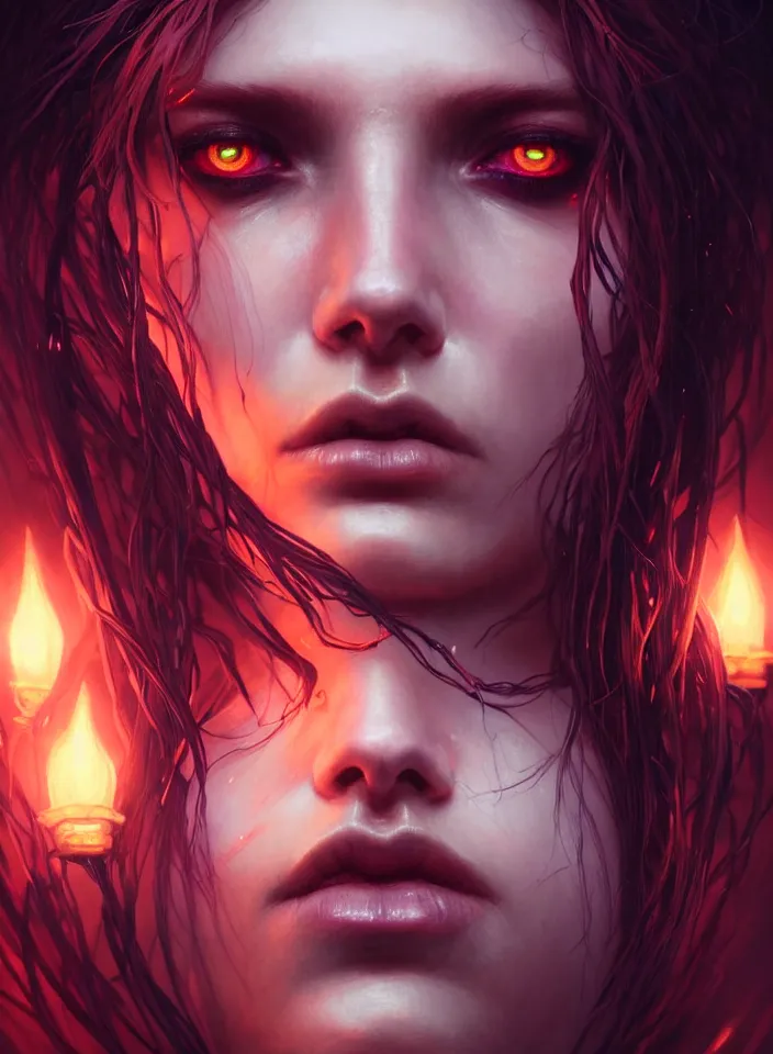 Image similar to Necromancer Sorceress face close-up macro in center, fantasy magic, undercut hairstyle, dark light night, intricate, elegant, sharp focus, illustration, highly detailed, digital painting, concept art, matte, art by WLOP and Artgerm and Greg Rutkowski and Alphonse Mucha, masterpiece