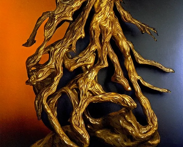 Image similar to by szukalski, by francis bacon, mystical redscale photography evocative. a beautiful carved kinetic sculpture of a gold and obsidian brutalist exploded humanoid diagram tree of evolution - like creature, standing in front of a castle atop a cliff.