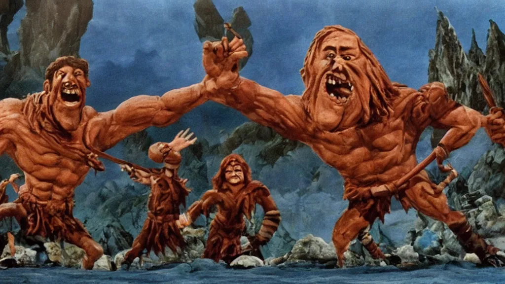 Image similar to still from a stop motion animated movie about a giant cyclops, by ray harryhausen, nineteen seventy five, cinematic lighting, ultra realistic, panavision, wide screen, saturated color, seventies cinema, vintage, sword and sorcery