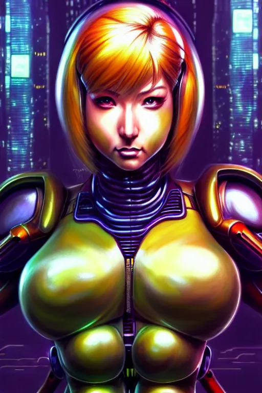 Image similar to wow! 3 / 4 stunning fan art portrait of samus aran, kowloon cyberpunk cityscape, biomechanical, oppai, acid rain, dark science fiction, by artgerm and clay mann and sorayama and alphonse mucha, very realistic, hyperdetailed, trending on artstation, octane render