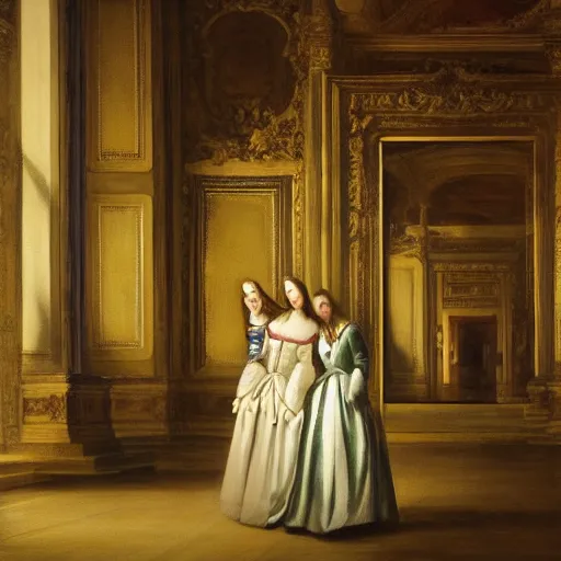 Image similar to fine art, oil on canvas. two women in a vast castle lobby wearing fine clothes, two men looking at one of her in the distance. dark room with light coming through the right side of the place. baroque style 1 6 5 6. high quality recreation of illumination shadows and colors, no distortion on subject faces.