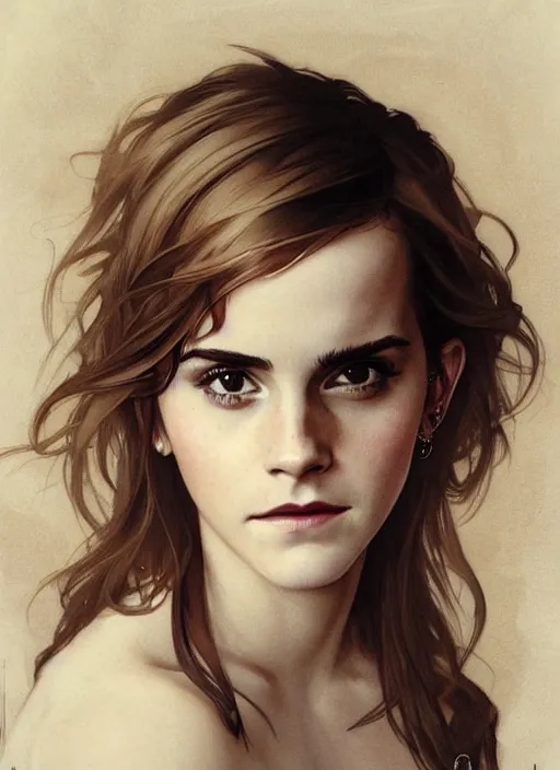 Prompt: emma watson looking into the camera with mischievous grin. beautiful detailed face. by artgerm and greg rutkowski and alphonse mucha