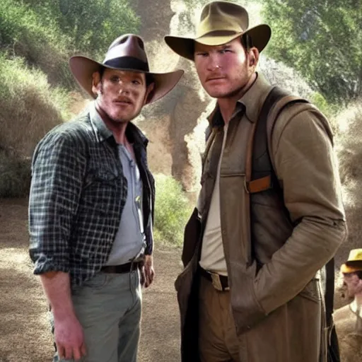 Image similar to chris pratt as indiana jones, selfie with older harrison ford, high detailed, symmetrical