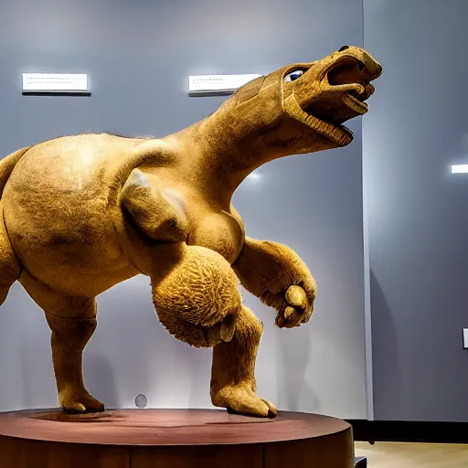 Prompt: bad taxidermy Blastoise on display at the Louvre Museum, wide angle lens