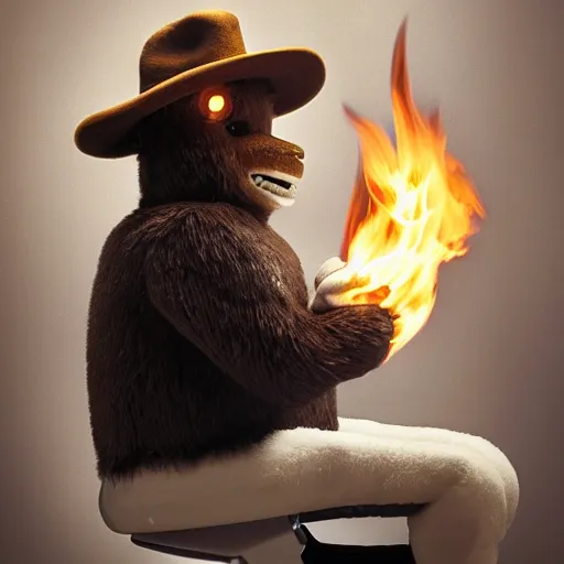 Prompt: UHD candid photo of Smokey The Bear in the lavatory sitting on a porcelain throne, playing with fire, by Annie leibowitz, photorealisitc, extremely detailed