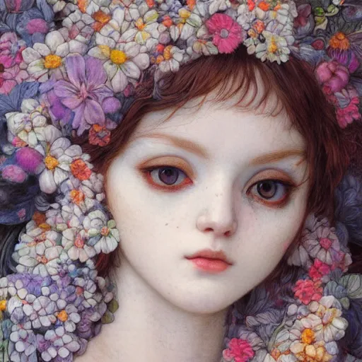 Image similar to white cat girl, botanical, portrait face, colorful, frantisek kupka, intricate, miles johnston, kuroda seiki, cynical realism, ozabu, john william godward, painterly, yoshitaka amano, moebius, miles johnston, louise zhang, james jean, mark ryden lowbrow pop surrealism art style