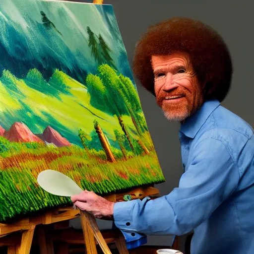 Image similar to a closeup photorealistic photograph of bob ross working on a canvas painting of elmo. film still. brightly lit scene. mountains and trees. this 4 k hd image is trending on artstation, featured on behance, well - rendered, extra crisp, features intricate detail, epic composition and the style of unreal engine.