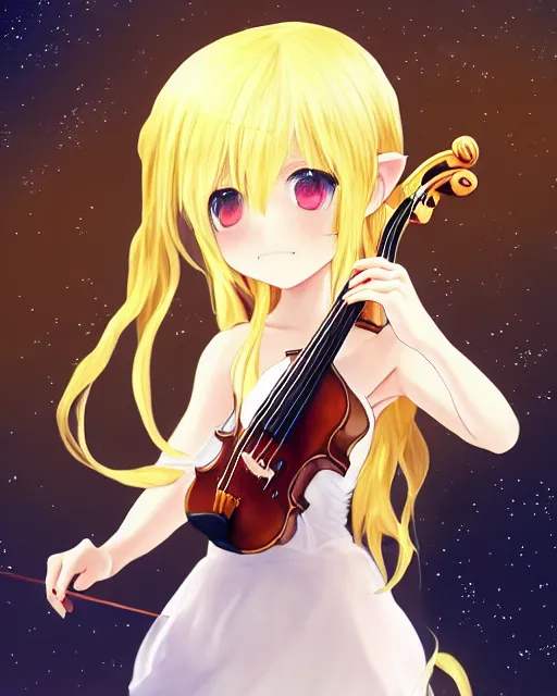 Image similar to chibi, cute, female, full body, elf girl with white skin and golden long wavy hair, holding a violin and playing a song, stunning art style, filters applied, lunar time, night sky, trending art, sharp focus, centered, landscape shot, fate zero, simple background, studio ghibly makoto shinkai yuji yamaguchi, by wlop