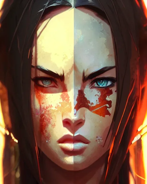 Image similar to azctec warrior, megan fox, detailed perfect face, exquisite details, fire magic, mid view, by studio muti, greg rutkowski makoto shinkai takashi takeuchi studio ghibli