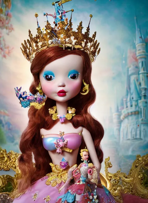 Image similar to closeup face profile portrait of a tin toy fairytale princess wearing a crown eating cakes in the castle, bikini, depth of field, zeiss lens, detailed, symmetrical, centered, fashion photoshoot, by nicoletta ceccoli, mark ryden, lostfish, breathtaking, 8 k resolution, extremely detailed, beautiful, establishing shot, artistic, hyperrealistic, octane render