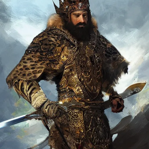 Prompt: A portrait of a king with short hair and a trimmed beard, dual wielding swords, wearing a cheetah pelt cloak, fantasy, digital art by Ruan Jia, Donglu Yu