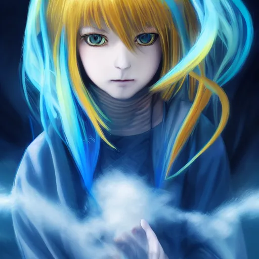 Prompt: rimuru tempest from tensura playing chess, with amber eyes of golden colored eyes, straight hair, sky blue hair, long bangs, high collar, concept art, award winning photography, turbulence, ripples, trails, wispy, scratchy, digital painting, cinematic, wlop, 8 k, by ross tran, tom bagshaw, andy warhol