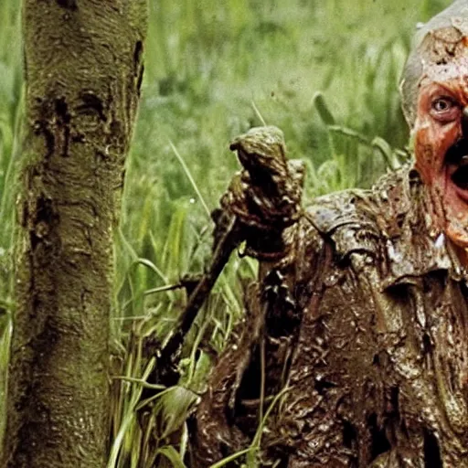 Prompt: film still of sir david attenborough as major dutch, covered in mud and hiding from the predator predator predator in swamp scene in 1 9 8 7 movie predator, hd, 4 k