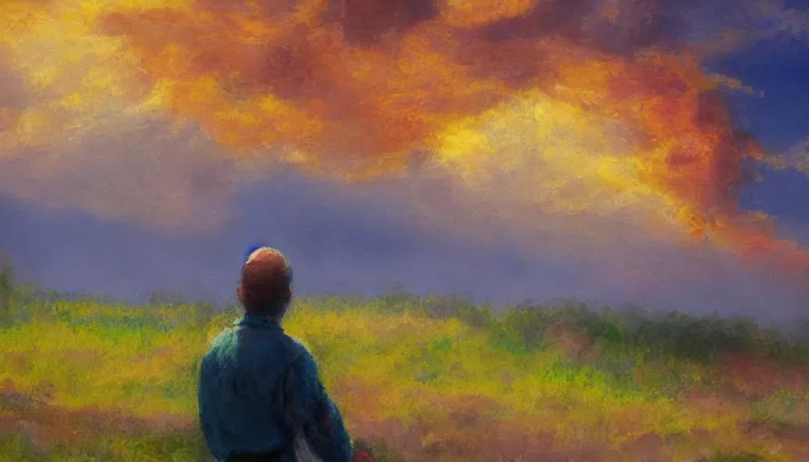 Prompt: a man placed a baby and looked under the burning clouds in the sky. 4 k rendering, impressionist painting style