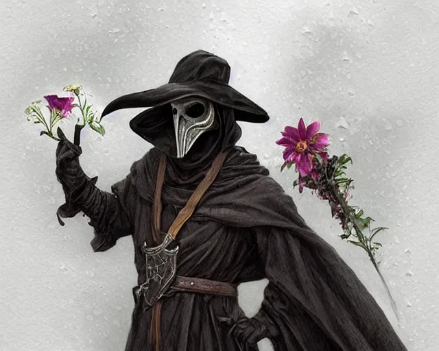 Image similar to plague doctor holding flowers, heavy rain, wind, thunder, reflections, deep focus, d & d, fantasy, intricate, elegant, highly detailed, digital painting, artstation, concept art, matte, sharp focus, illustration, hearthstone, art by artgerm and greg rutkowski and alphonse mucha