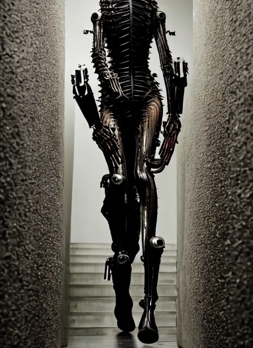 Prompt: walking down the catwalk, steven klein, show, stage, vogue photo, podium, fashion show photo, iris van herpen, beautiful woman, full body shot, helmet on face, masterpiece, plant predator, giger, guyver, jellyfish, biomechanical details, vibrant