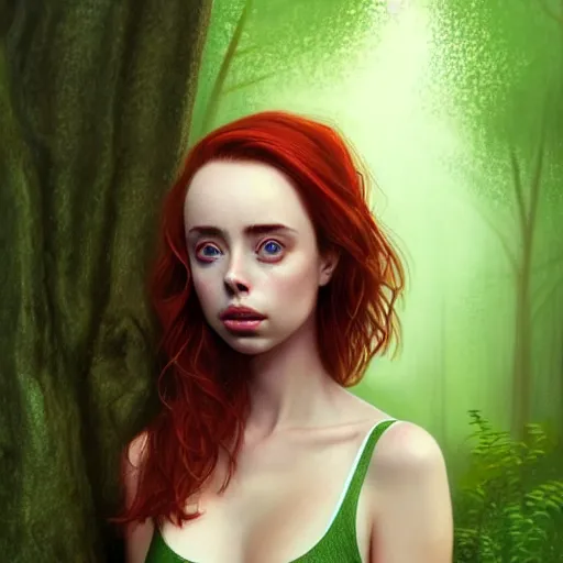 Prompt: realistic character concept, gorgeous Kacey Rohl, red hair, small freckles, symmetrical face, symmetrical eyes, green dress, forest, trees, shorter neck, cinematic lighting, artgerm and Adreas Rocha, beautiful