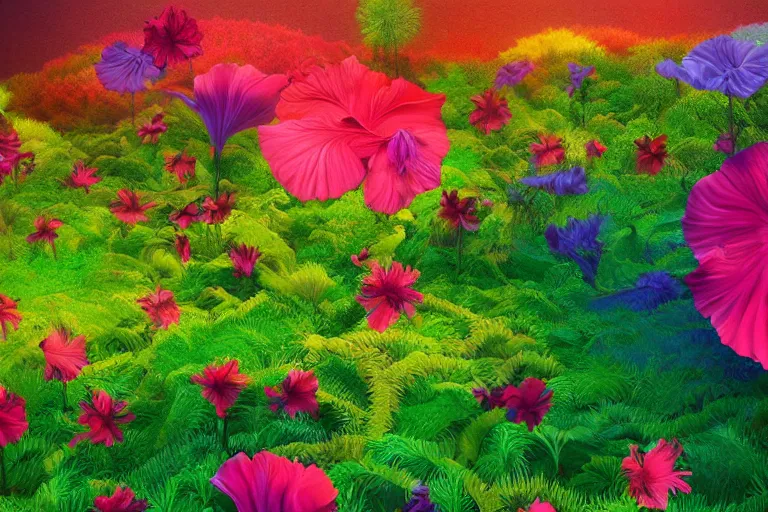 Prompt: beautiful field of giant hibiscus flowers digital illustration by dr. seuss : 1 | vibrant, spectral color, colorful, macrophotography, surreal psychedelic megaflora forest by beeple : 1