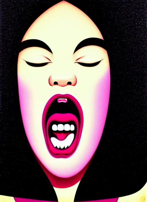 Image similar to japanese animation, portrait closeup of screaming black glossy dark carbon big woman, sensual pose, by shusei nagaoka, kaws, david rudnick, airbrush on canvas, pastell colours, cell shaded, 8 k