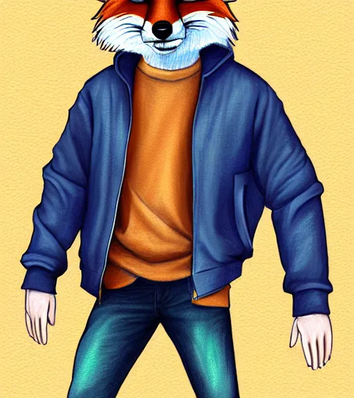 Image similar to expressive stylized master furry artist digital colored pencil painting full body portrait character study of the fox small head fursona animal person wearing clothes jacket and jeans by master furry artist blotch