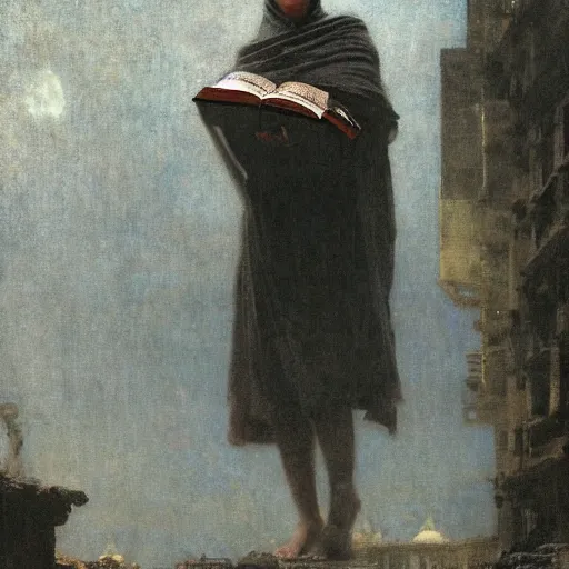 Image similar to half portait of magican wearing a closed cowl with big old book!, jeremy mann, jean leon gerome, tiepolo, alphonse mucha, greg rutkowski, ( ( ruins of ancient rome ) ), at dusk, mysterious atmosphere, sunrays, dof, masterpiece, high detailed, 8 k