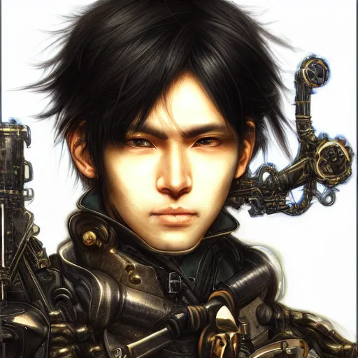 Image similar to portrait of a man by ayami kojima, japanese, he is about 2 0 years old, black short hair with bangs, he is wearing a steampunk tactical gear, highly detailed portrait, digital painting, artstation, concept art, smooth, sharp foccus ilustration, artstation hq