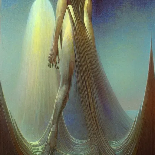 Image similar to a painting in the style of jean delville and in the style of stephan martiniere.