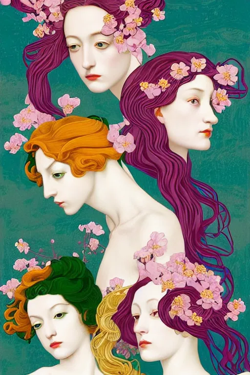 Image similar to 3 Spring Muses symbolically representing March, April, and May, in a style blending Æon Flux, Peter Chung, Shepard Fairey, Botticelli, Ivan Bolivian, and John Singer Sargent, inspired by pre-raphaelite paintings, shoujo manga, and cool Japanese street fashion, dramatically blossoming flora and fauna, petals falling everywhere, pastel vivid triad colors, hyper detailed, super fine inking lines, ethereal and otherworldly, 4K extremely photorealistic, Arnold render