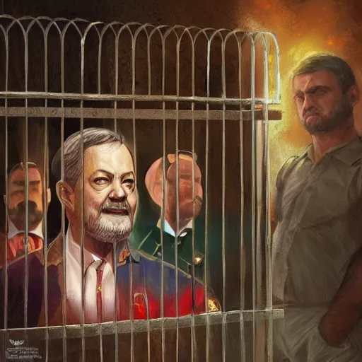 Image similar to presidente lula in jail behind bars. intricate, elegant, highly detailed, digital painting, artstation, concept art, sharp focus, illustration, by justin gerard and artgerm, 8 k