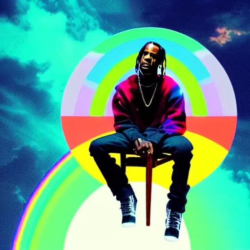 Image similar to Travis Scott sitting on a chair floating over Earth, 4k, Aubrey Powell, vintage photo, lens flare, beautiful cinematography, rainbow surreal, film grain