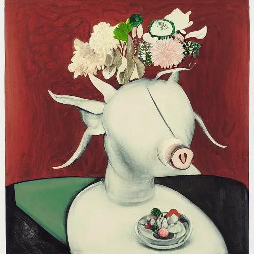 Image similar to “a portrait in an art student’s apartment, a feminine pig in a rotenburo, hakone, pork, ikebana white flowers, white wax, squashed berries, acrylic and spray paint and oilstick on canvas, by munch and Dali”