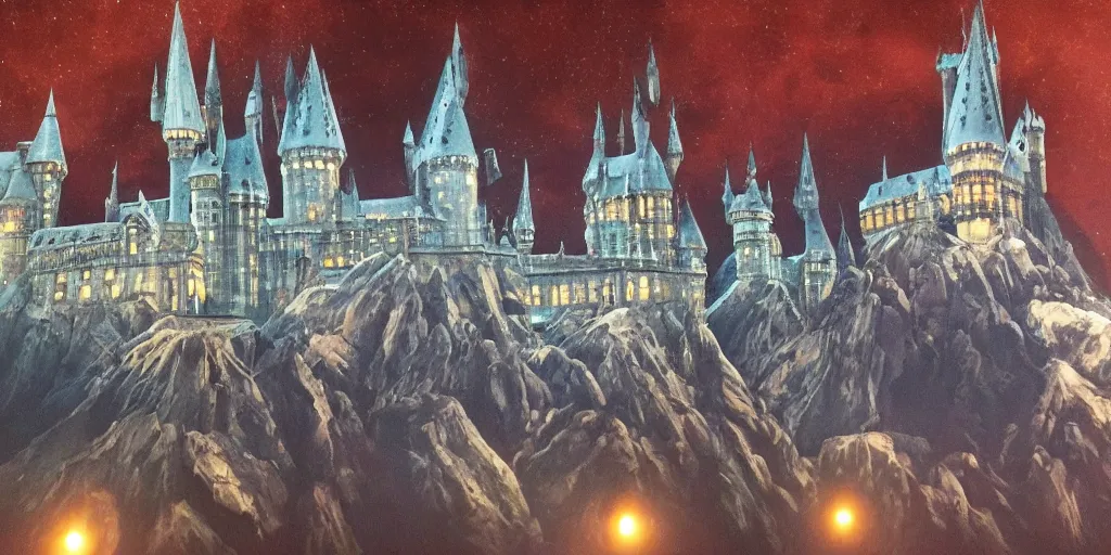 Image similar to insanely detailed long shot of hogwarts castle at night with glowing windows