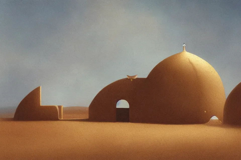 Prompt: a single seashell shaped house, standing in the middle of the desert by john harris