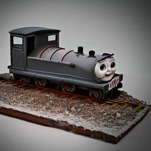 Prompt: zombie apocalypse thomas the tank engine clay sculpture, ominous