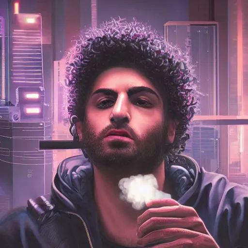 Prompt: a beautiful detailed cyberpunk painting of a curly-haired persian guy smoking a j and programming an artificial brain, digital art