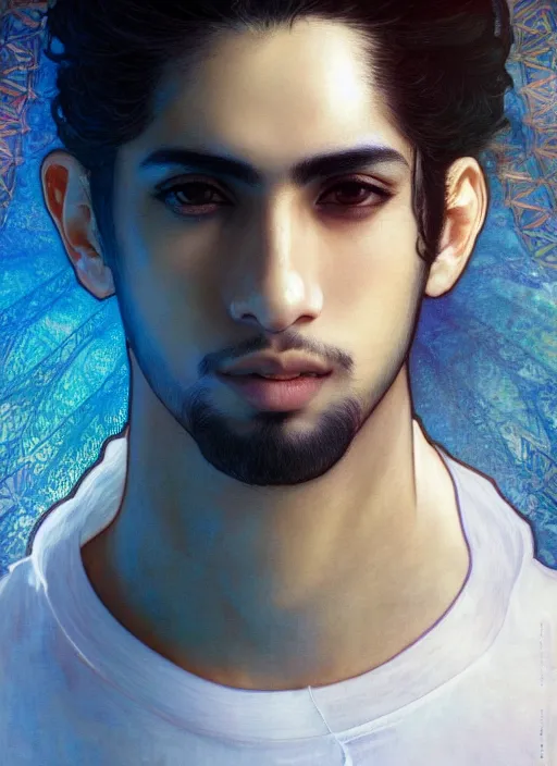 Image similar to beautiful medium shot portrait of a young arabic man inspired by ayami kojima with short hair dressed with a white t - shirt looking into the camera from three - quarters, white background white bank studio light, art by yoshitaka amano, alfons mucha, final fantasy, high quality, 8 k