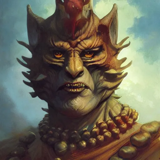 Image similar to head and shoulders portrait of a rakshasa, d & d, fantasy, greg rutkowski, frank frazetta, alexandre chaudret, boris vallejo, michael whelan, miro petrov, hr giger, magali villeneuve, donato giancola