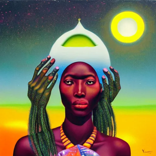 Image similar to an african queen activating her 3rd eye in a solarpunk village by karel thole and amanda sage in a surreal portrait style, oil on canvas, 8k