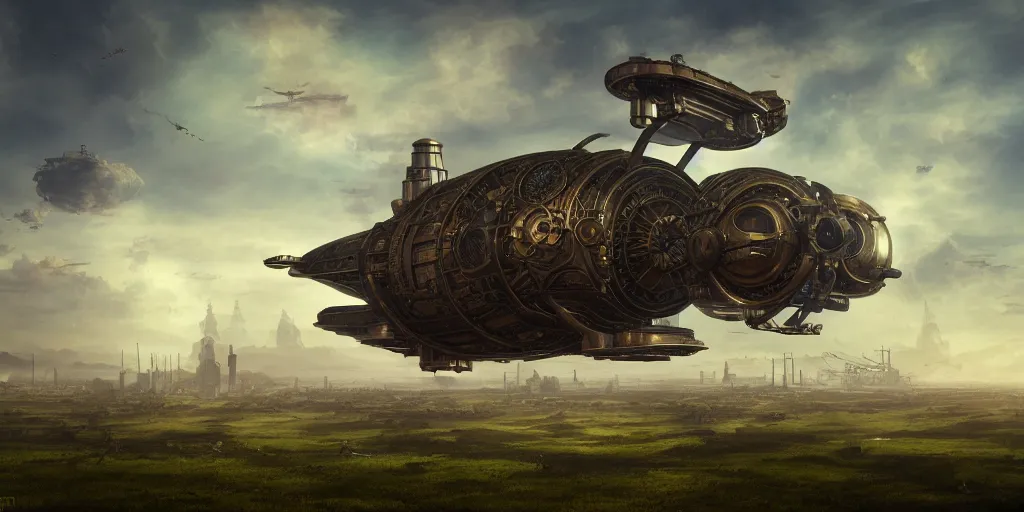 Image similar to steampunk spaceship hovering over fields and small houses, science fiction digital art, award winning, trending on artstation, digital art. highly detailed 8 k. intricate. lifelike. soft light. nikon d 8 5 0.