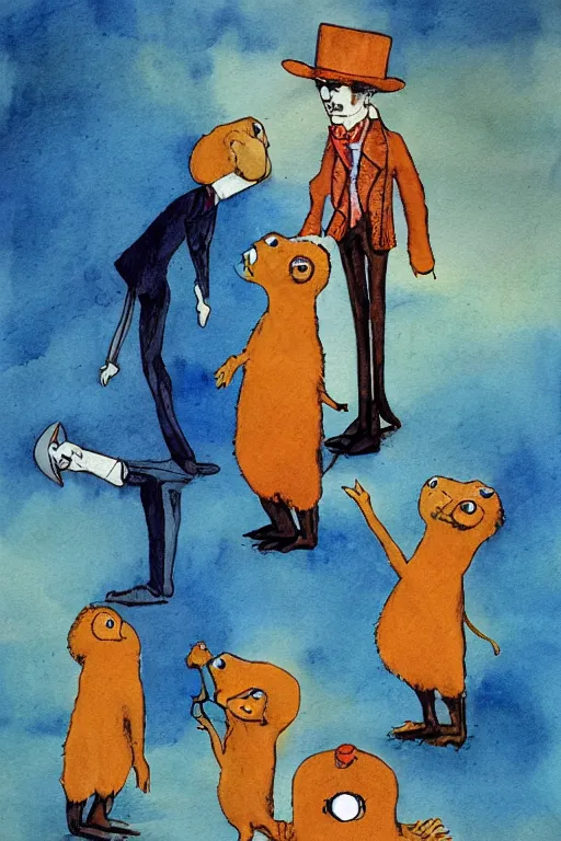 Prompt: a clockwork orange characters as mongooses, children's book, melancholy, watercolor, illustrated