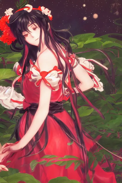 Image similar to hakurei reimu from touhou project floating on the water at night, plants, green and orange theme, s line, 4 5 angel by krenz cushart and mucha and akihito yoshida and greg rutkowski, 4 k resolution