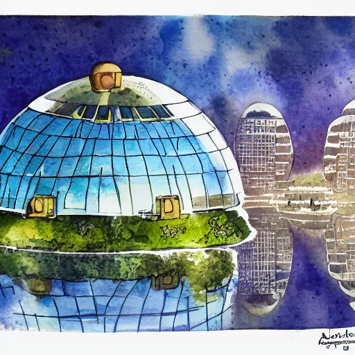 Image similar to a solarpunk domed city, watercolour