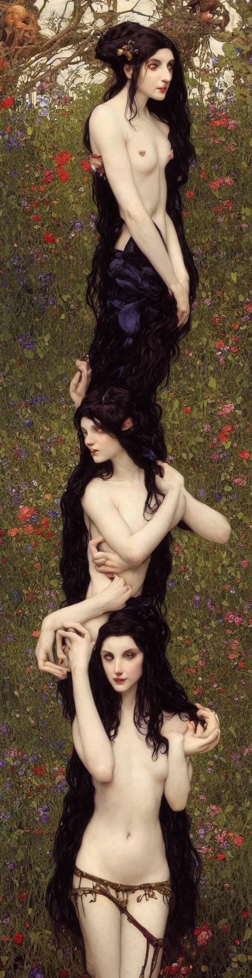 Image similar to masterpiece painting of ephemeral vampire raven haired girl by donato giancola, darius zawadzki and tom bagshaw, face by artgerm and edmund leighton, alphonse mucha, background by james jean and gustav klimt, 8 k, horror, dark color palette, volumetric lighting, porcelain skin, french nouveau, trending on pixiv