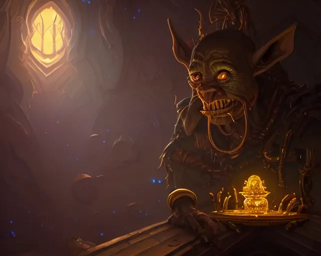 Image similar to a 4 k cinematic screenshot still portrait of a goblin in a dark liminal space room surrounded by gold, deep focus, d & d, fantasy, intricate, elegant, highly detailed, digital painting, art station, concept art, matte, sharp focus, illustration, dark fantasy style art, hearthstone, art by artgerm and greg rutkowski and alphonse mucha