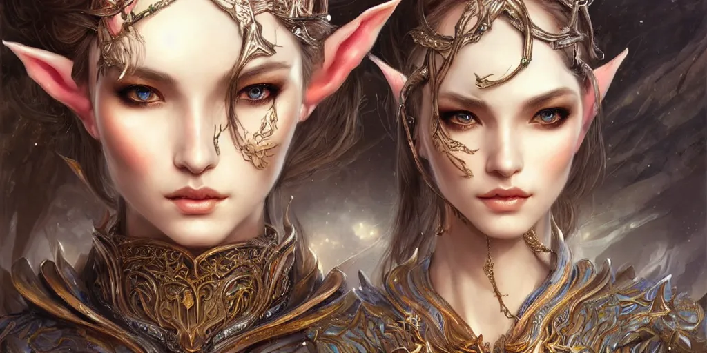 Image similar to a portrait of a female elf sorceress by karol bak and jia ruan, beautiful detailed eyes, cute, fantasy, intricate, elegant, highly detailed, digital painting, 4 k, hdr, concept art, detailed jewelry, smooth, sharp focus, illustration, art by artgerm