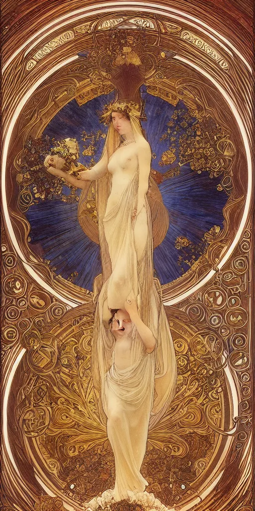 Image similar to saint woman, venus, athena, halo, queen, by alphons mucha and annie swynnerton and jean delville, strong dramatic cinematic lighting, ornate headdress, flowing robes, spines, flowers, stars, lost civilizations, smooth, sharp focus, extremely detailed, marble, gold, space